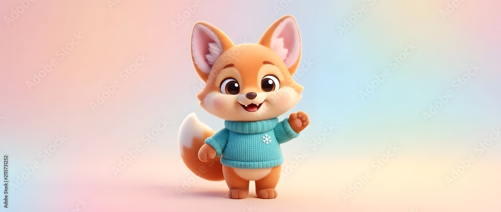 Fototapeta premium Cute cartoon fox waving hello in blue sweater isolated on soft background