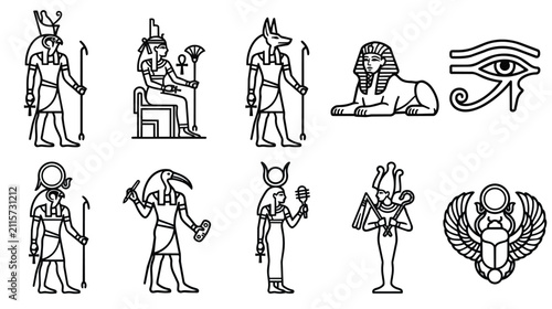 Quadro su tela Ancient Egyptian gods and symbols vector set, black line art icons of deities an