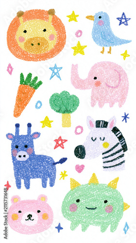 Cute crayon texture sticker illustration set with grainy pastel chalk textures on a pure white background. Ideal for web, flyer, blog, kids, crafts, stationery, and creative design.