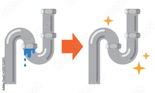 Comparison illustration of plumbing pipe before and after water leak repair