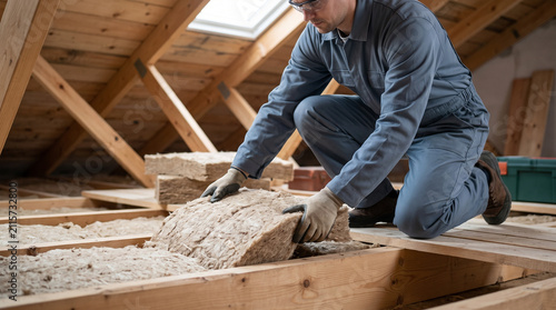 Worker installing insulation in attic