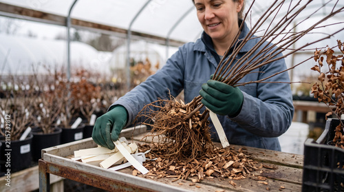 Nursery worker inspecting bare root sapling