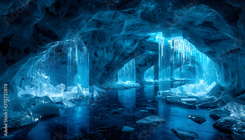 Glowing Blue Ice Cave with Crystal Water Reflections Deep Frozen Ocean Fantasy Background Texture and Abstract Light Waves