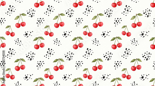 Minimalist watercolor cherry and black dot seamless pattern on white background.