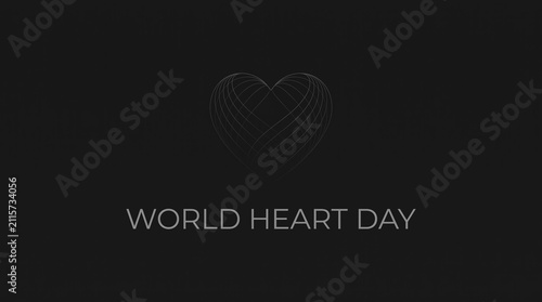 Minimalist wireframe heart with World Heart Day text on dark background.