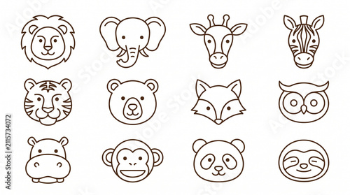 Minimalist animal faces line art icons for children's educational materials.