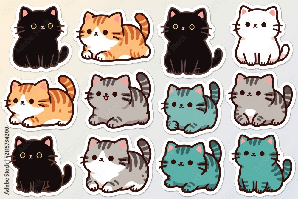 Obraz premium Cute sticker set with cartoon cats in various funny poses. Adorable kittens collection features small feline characters in playful sitting lying positions. Illustration design elements show diverse