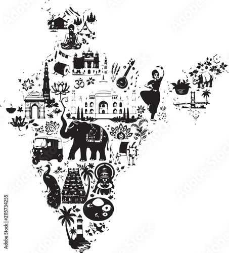 Black and white map of India illustration with cultural icons and symbols