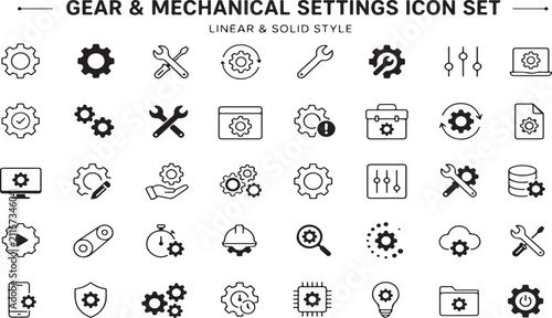 Set of gear and mechanical settings icons in linear and solid style
