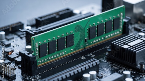 RAM Module on Motherboard: A close-up view of a green RAM module securely installed in a computer's motherboard, highlighting the intricate circuitry and components essential for modern computing.