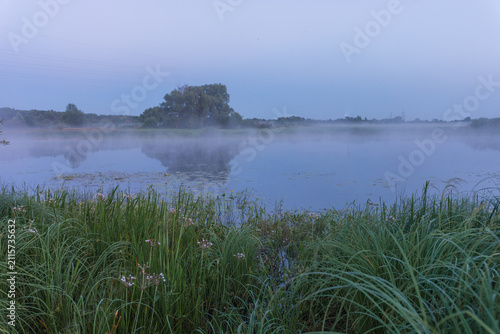 Fotografie A tranquil lake is covered in soft morning mist under a dusky violet sky, reflec