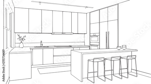 Quadro su tela Modern kitchen interior line art drawing, minimalist kitchen design with island