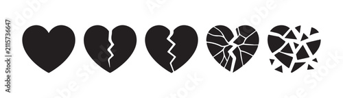 Foto Set of five heart icons ranging from intact to completely shattered style on transparent background