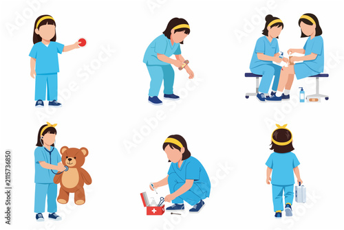 Bild auf Leinwand Little girl playing doctor or nurse flat illustration set, kid in blue medical s