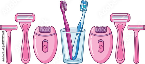 Foto Personal care and hygiene set with pink shaving razor epilator toothbrush in gla