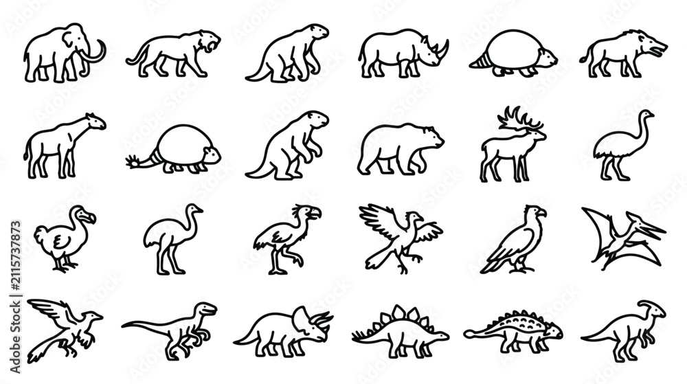 Fototapeta premium Prehistoric animal line icons set, extinct megafauna and dinosaur vector illustrations, 24 ancient wildlife species outline graphics for education