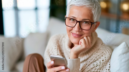 A positive elderly woman with a smartphone in her hand sits on the sofa at home