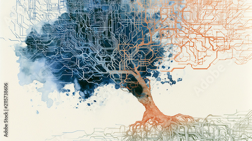 Watercolor Tree Illustration Merging Circuits and Roots.