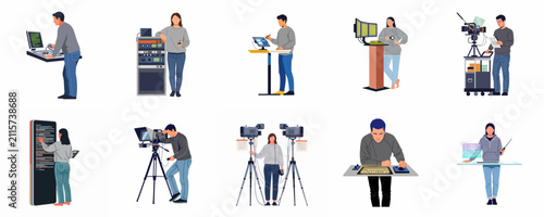 Canvastavla Professional Media Production Crew Set with Characters Operating Cameras, Control Panels, and Teleprompters in a Broadcast Studio, Flat Vector Illustration Style
