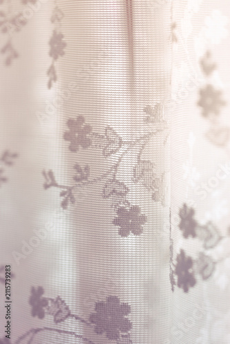 Delicate floral sheer curtain glowing in soft natural morning light, featuring fine mesh texture, gentle folds, and a warm, airy atmosphere with a calm, elegant mood.
