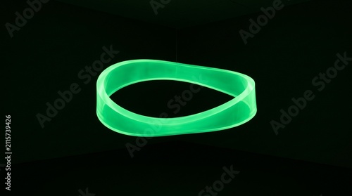 Glowing Neon Green Abstract Mobius Strip Ribbon Floating in a Dark Minimalist Space for Modern Digital Backgrounds