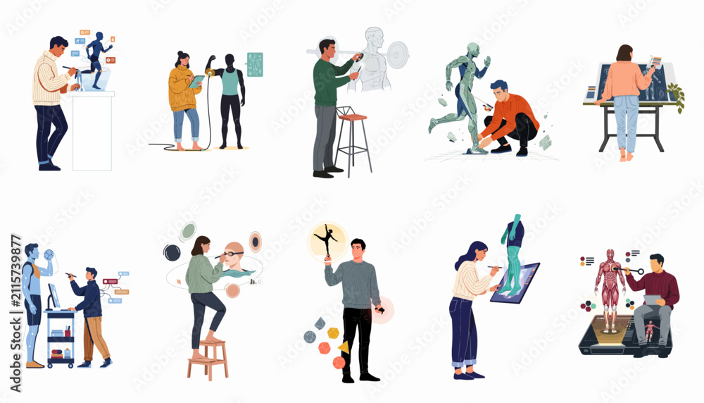 Fototapeta premium Set of illustrations depicting creative professionals designing and analyzing 3D digital human characters, anatomical models, and robotic figures using modern technology and tools.