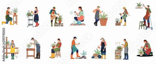 Fotografie Flat vector illustration set of diverse people gardening, watering, and caring for potted ferns and houseplants, isolated on white background