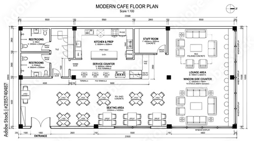 Foto Modern cafe floor plan vector, architectural restaurant layout with seating and