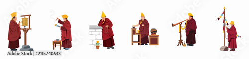 Фотография Set of Tibetan Buddhist Monks Performing Traditional Rituals like Prayer, Incens