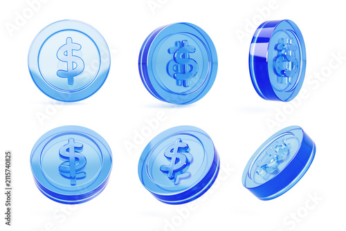 фотографія Set of blue 3d dollar coins in different angles isolated on transparent backgrou