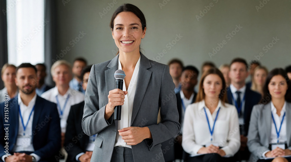 Fototapeta premium Woman with microphone speaks to audience at business conference. People listen intently in formal meeting. Female presenter smiles confidently during professional event.