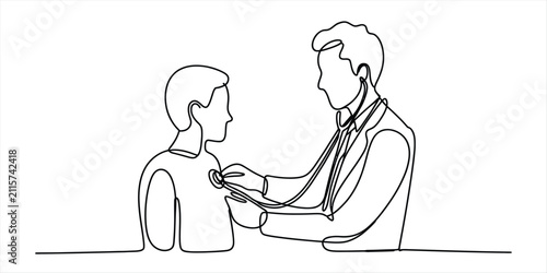 Картината върху платно Continuous one line drawing of a doctor using a stethoscope to examine a patient