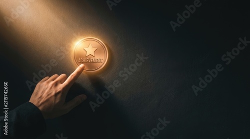 Finger pressing glowing bronze medal button symbolizing professional career success and personal growth milestone achievement