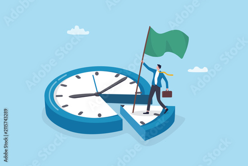 Time management project schedule efficiency, clock deadline productivity, office hour planning strategy, urgency or hurry reminder, businessman holding winning flag on piece of cut off time clock.