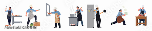 Foto Set of flat vector illustrations depicting kitchen stress, chaotic cooking, and frustrated restaurant staff in various hectic situations
