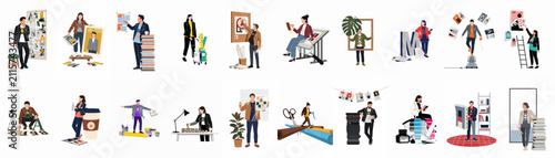 Canvastavla Comprehensive collection of flat vector illustrations featuring diverse creative professionals like graphic designers, artists, photographers, and art directors at work with their tools