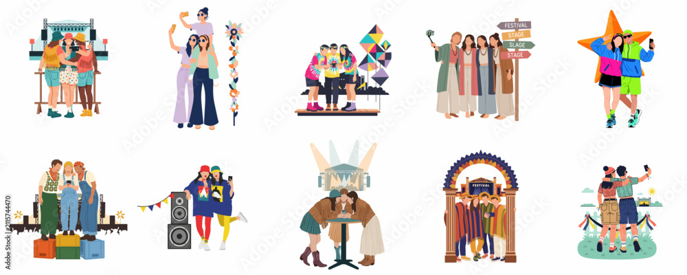 Fototapeta premium Set of flat illustrations featuring groups of friends enjoying music festivals, taking selfies, and having fun at outdoor concert events.