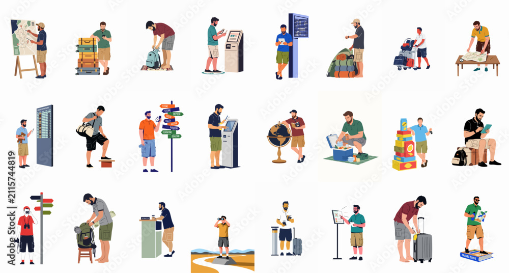 Fototapeta premium Set of flat illustrations depicting men in various travel and vacation scenarios, including packing, airport navigation, map reading, and outdoor exploration.