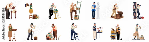 фотографія Collection of historian, archivist, and researcher characters examining historical artifacts and old books with magnifying glasses in a flat illustration style