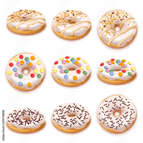 Collection of delicious donuts sprinkles sugar glaze, marshmallows and chopped nuts. Fast food isolated on a white background. Realistic style. 