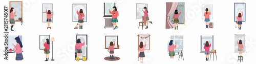 Fotografie Collection of cozy illustrations featuring a girl in a pink sweater drawing hearts on foggy windows and mirrors in various indoor settings