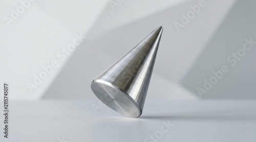 Brushed stainless steel metal cone balancing precariously on its circular base edge against a minimalist blurred geometric background, concept of precision and instability in a studio.