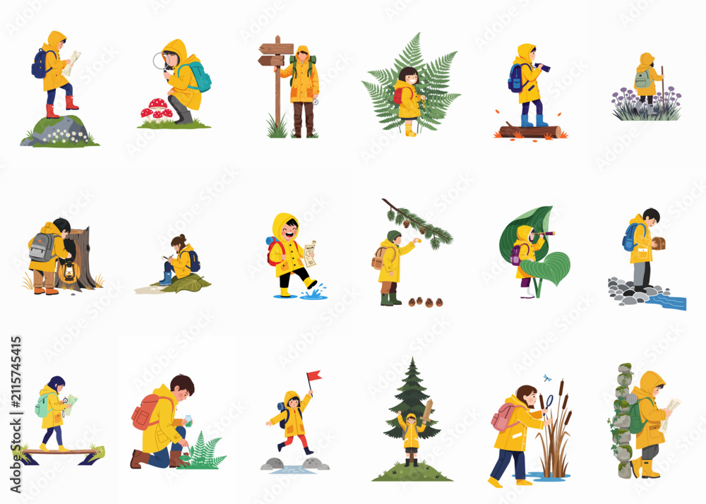 Fototapeta premium Set of illustrations depicting children in yellow raincoats exploring nature, hiking, and discovering the outdoors in a flat vector style.