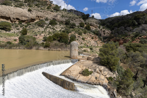 Gaitanejo Dam on Guadalhorce river in Gaitanes Gorge at entrance of Caminito del Rey path, Spain, El Chorro, Malaga