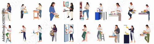 Vector illustration set of a multitasking woman working from home with a headset, preparing food, packing lunches, and organizing her kitchen routine.