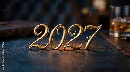 Golden 2027 Numbers on a Dark Textured Surface with Blurred Drinks.