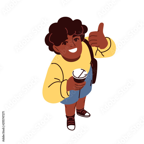 Top down view, happy black person looking up with thumbs up gesture, takeaway...