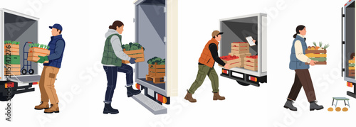 Foto Illustrations of workers loading and unloading crates of fresh produce from delivery trucks, featuring men and women in workwear