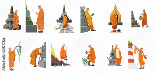 Foto Collection of Buddhist monks in orange robes engaged in daily rituals, prayers, and temple activities in a flat vector illustration style