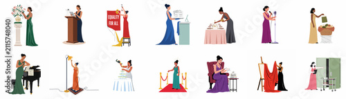 Set of diverse women in elegant evening gowns performing various professional roles behind the scenes of a formal gala or charity event.
